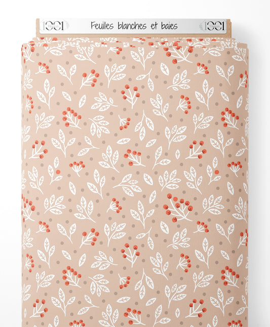 Tissu - Feuilles blanches et baies