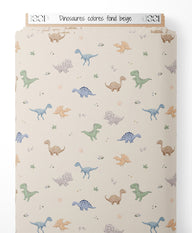 Tissu - Dinosaures colorés sur fond beige