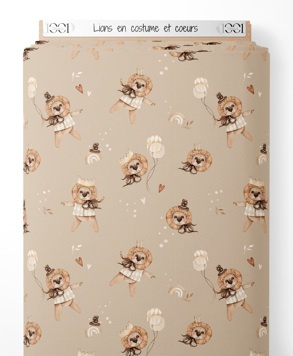 Tissu - Lions en costume et cœurs