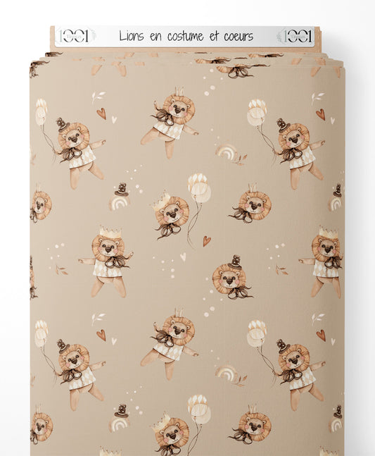 Tissu - Lions en costume et cœurs