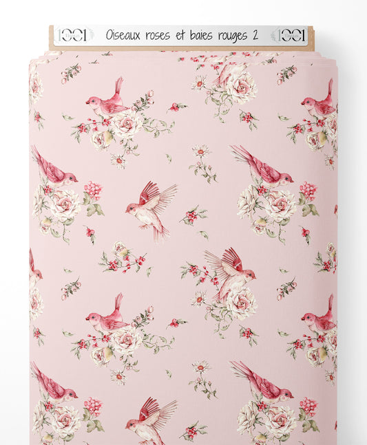Tissu - Oiseaux roses et baies rouges 2