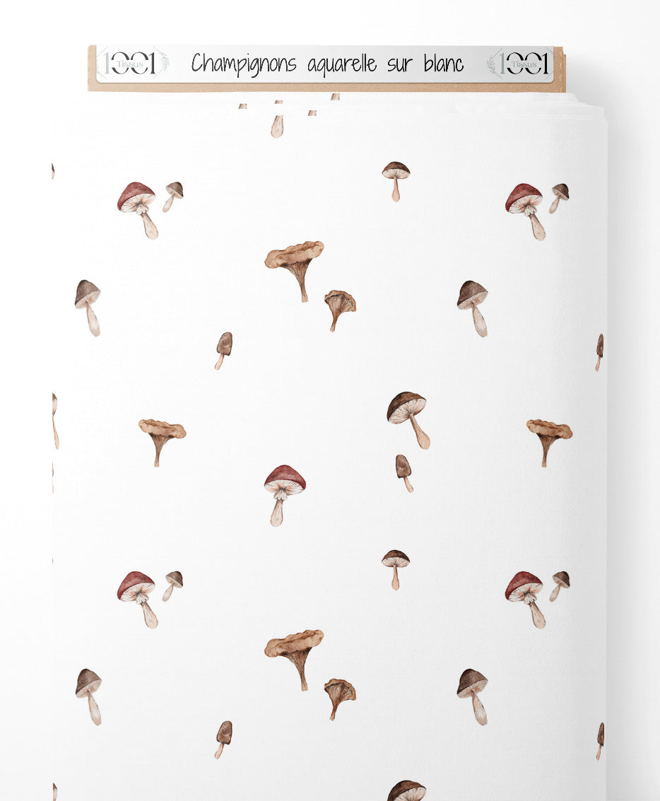 Tissu - Champignons aquarelle sur blanc