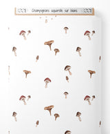 Tissu - Champignons aquarelle sur blanc