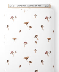 Tissu - Champignons aquarelle sur blanc
