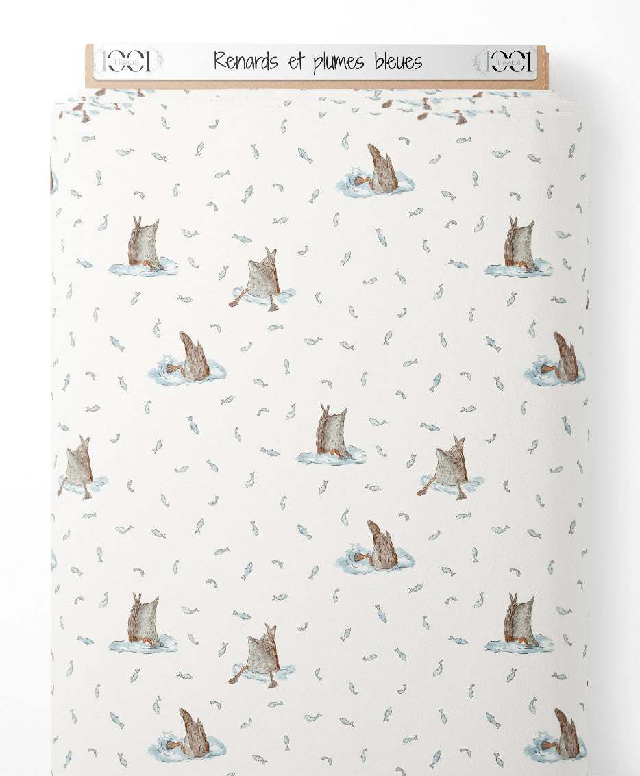 Tissu - Renards et plumes bleues