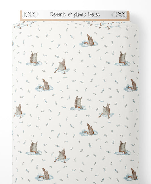 Tissu - Renards et plumes bleues