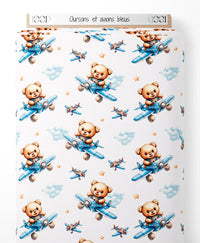 Tissu - Oursons et avions bleus