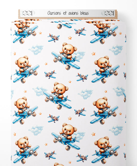 Tissu - Oursons et avions bleus