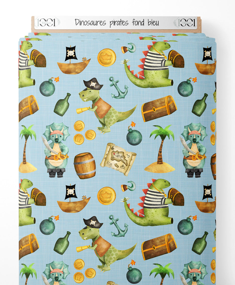 Tissu - Dinosaures pirates sur fond bleu