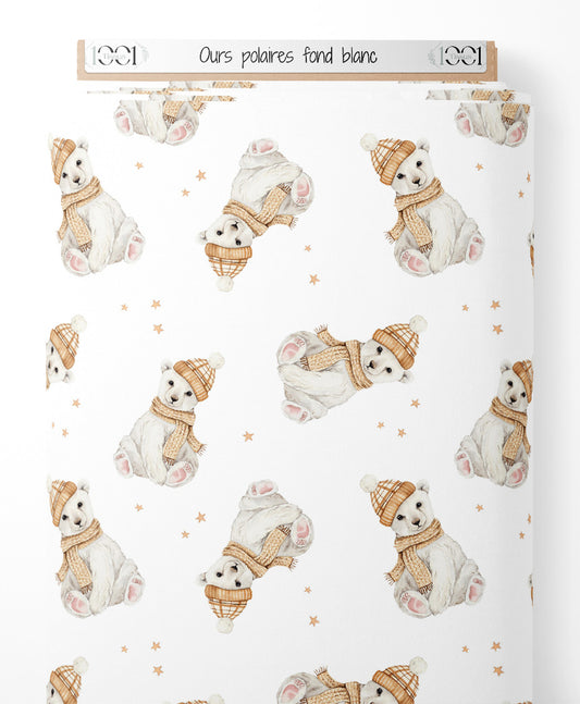 Tissu - Ours polaires sur fond blanc
