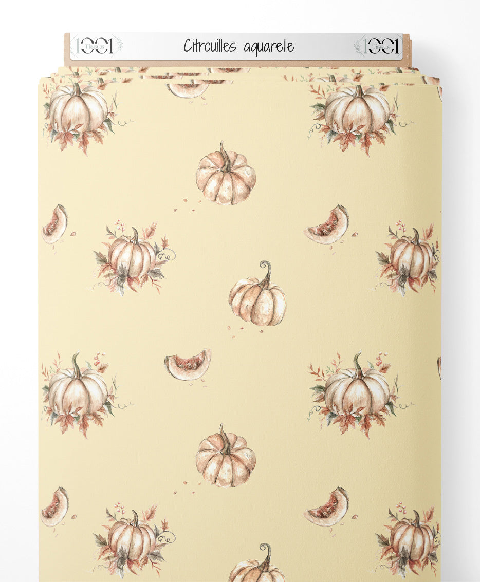 Tissu - Citrouilles aquarelle sur fond