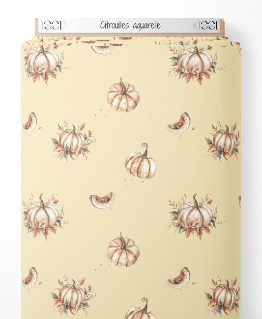 Tissu - Citrouilles aquarelle sur fond