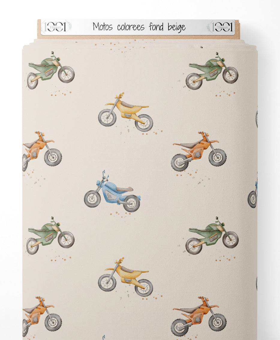 Tissu - Motos colorées sur fond beige