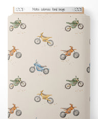 Tissu - Motos colorées sur fond beige