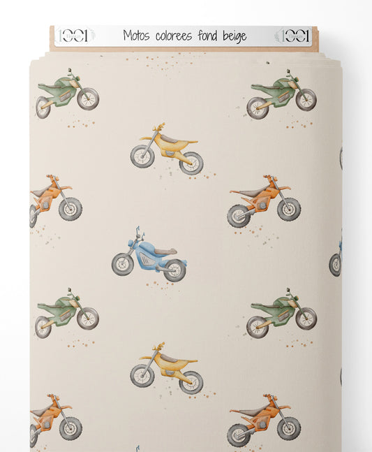 Tissu - Motos colorées sur fond beige