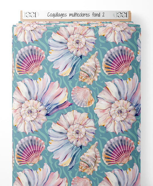 Tissu - Coquillages multicolores sur fond 2