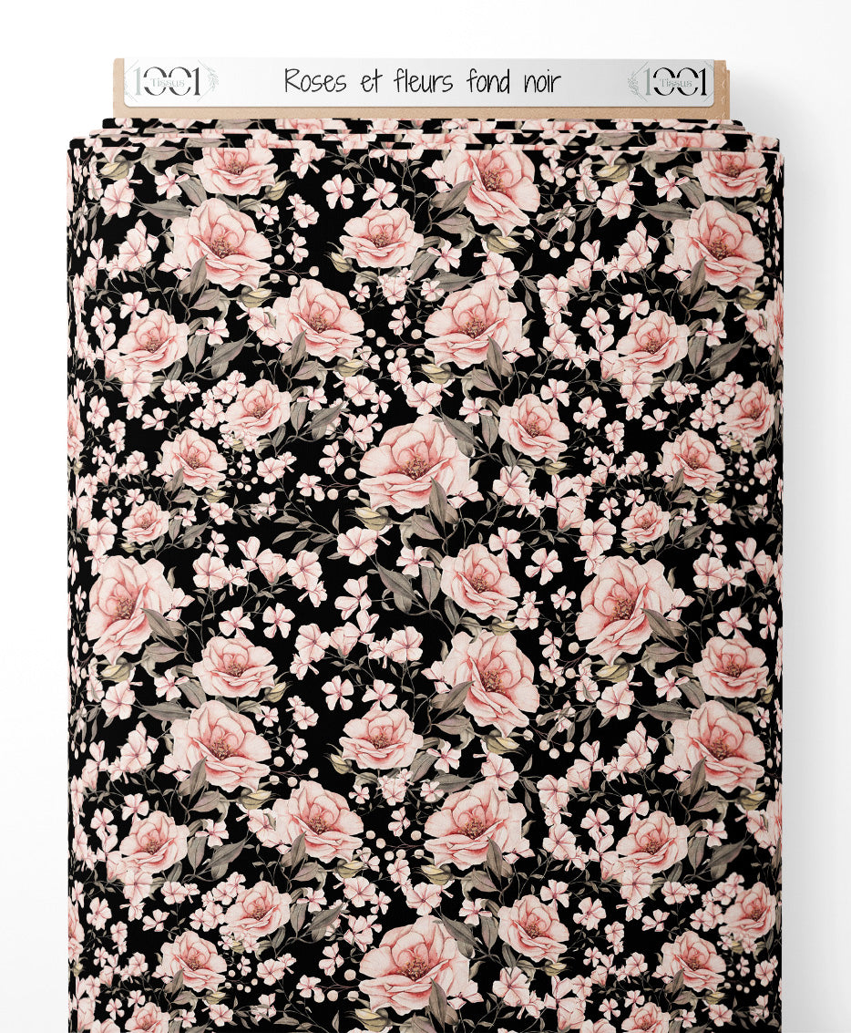 Tissu - Roses et fleurs sur fond noir