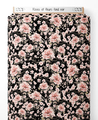 Tissu - Roses et fleurs sur fond noir