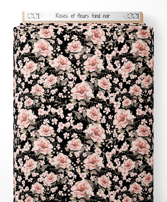 Tissu - Roses et fleurs sur fond noir