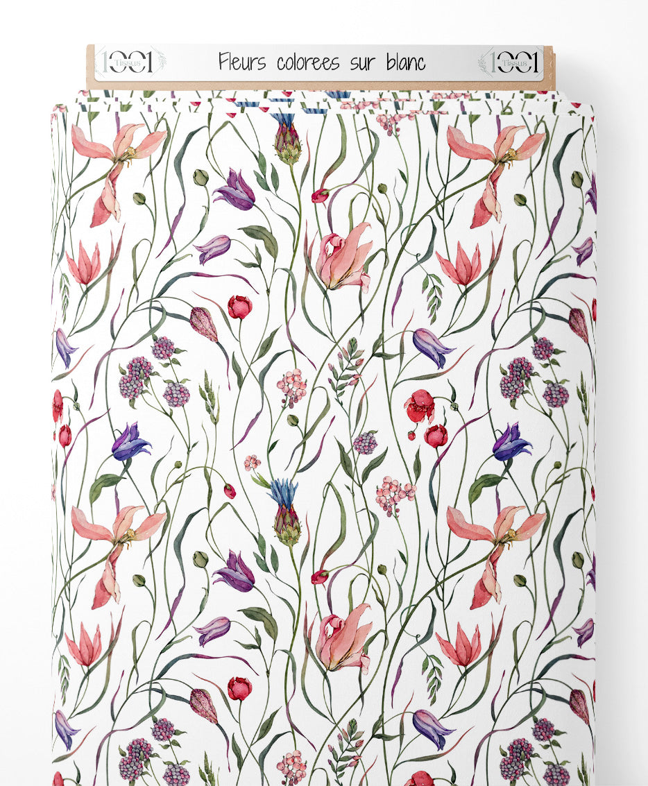 Tissu - Fleurs colorées sur blanc