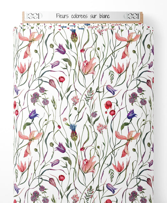Tissu - Fleurs colorées sur blanc