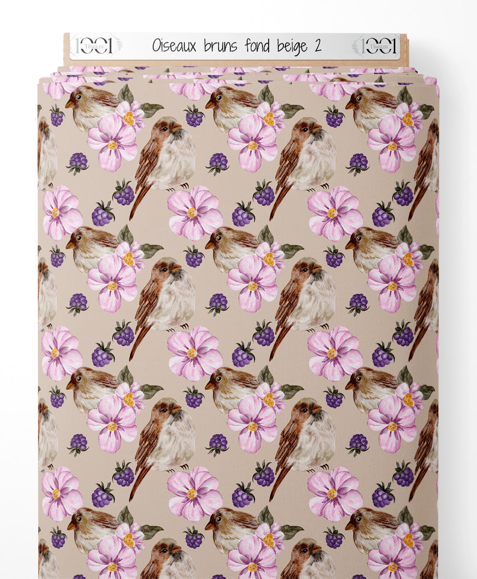 Tissu - Oiseaux bruns sur fond beige 2