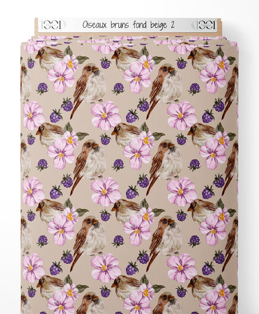 Tissu - Oiseaux bruns sur fond beige 2