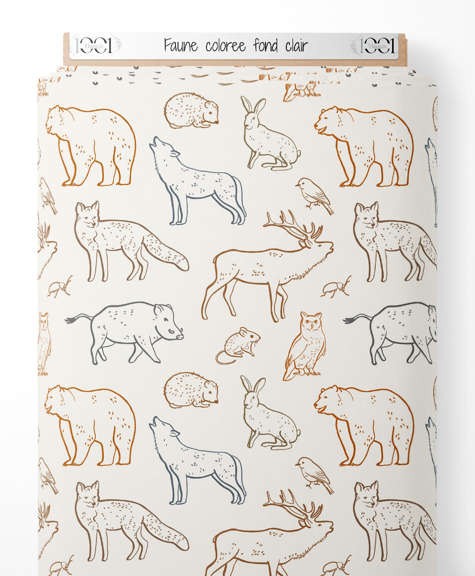 Tissu - Faune colorée sur fond clair