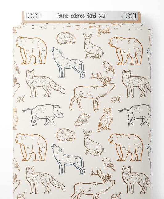 Tissu - Faune colorée sur fond clair