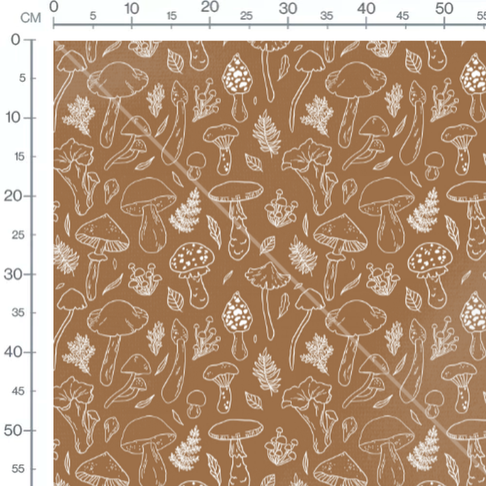 Tissu - Champignons et feuillages blancs