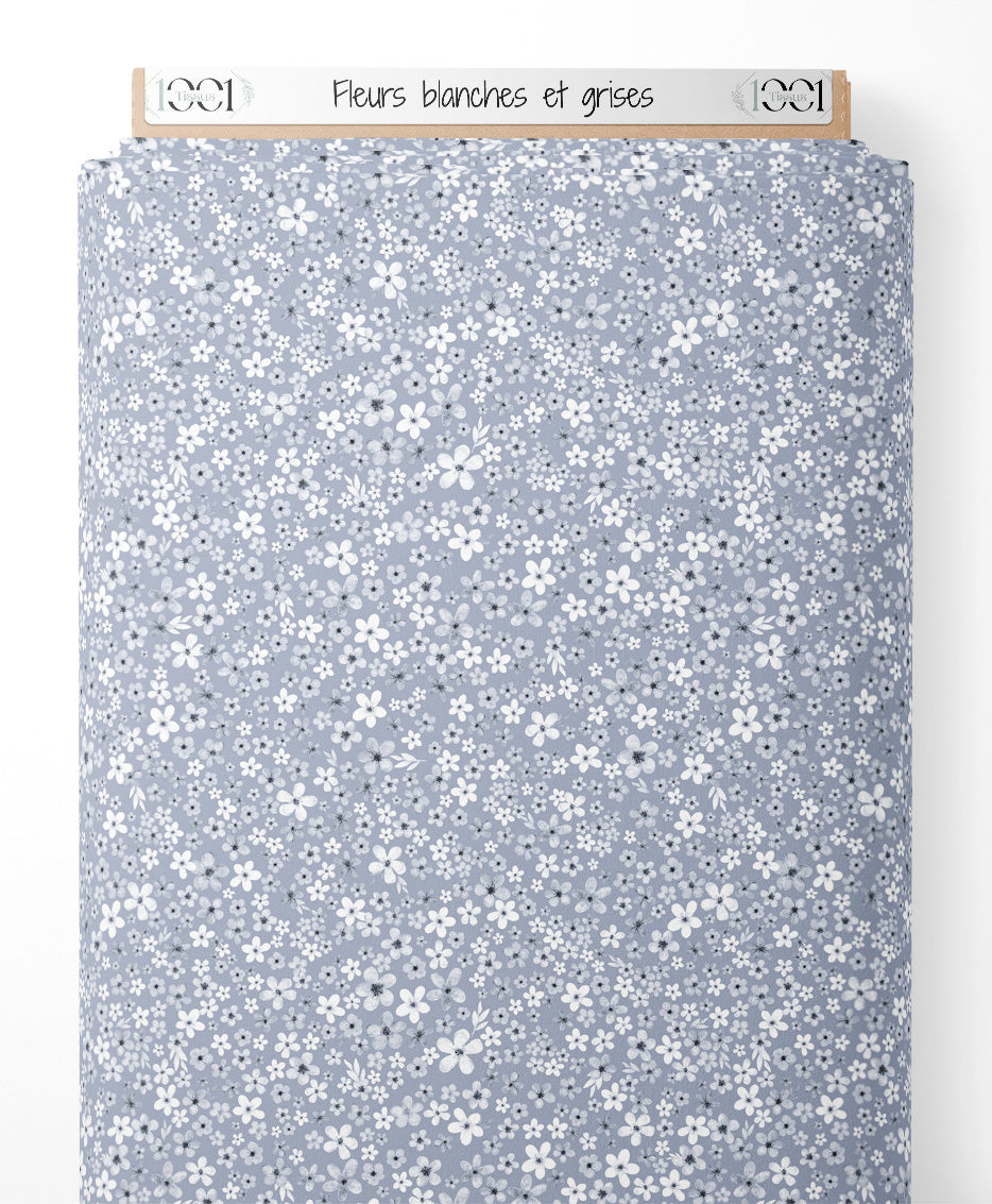 Tissu - Fleurs blanches et grises