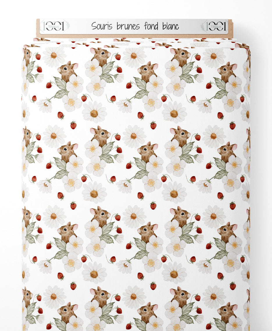 Tissu - Souris brunes sur fond blanc