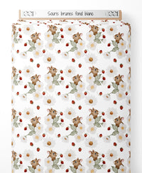 Tissu - Souris brunes sur fond blanc