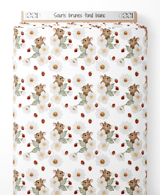 Tissu - Souris brunes sur fond blanc