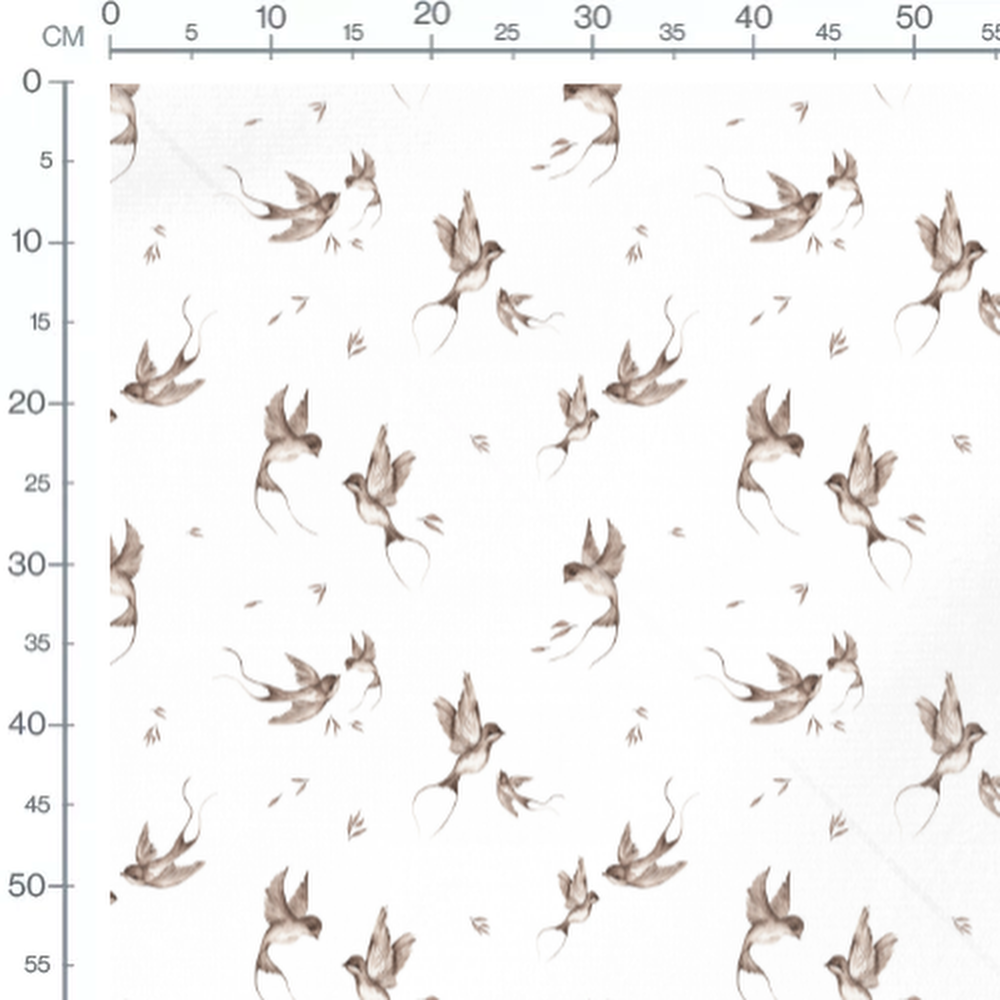 Tissu - Oiseaux marron sur fond blanc