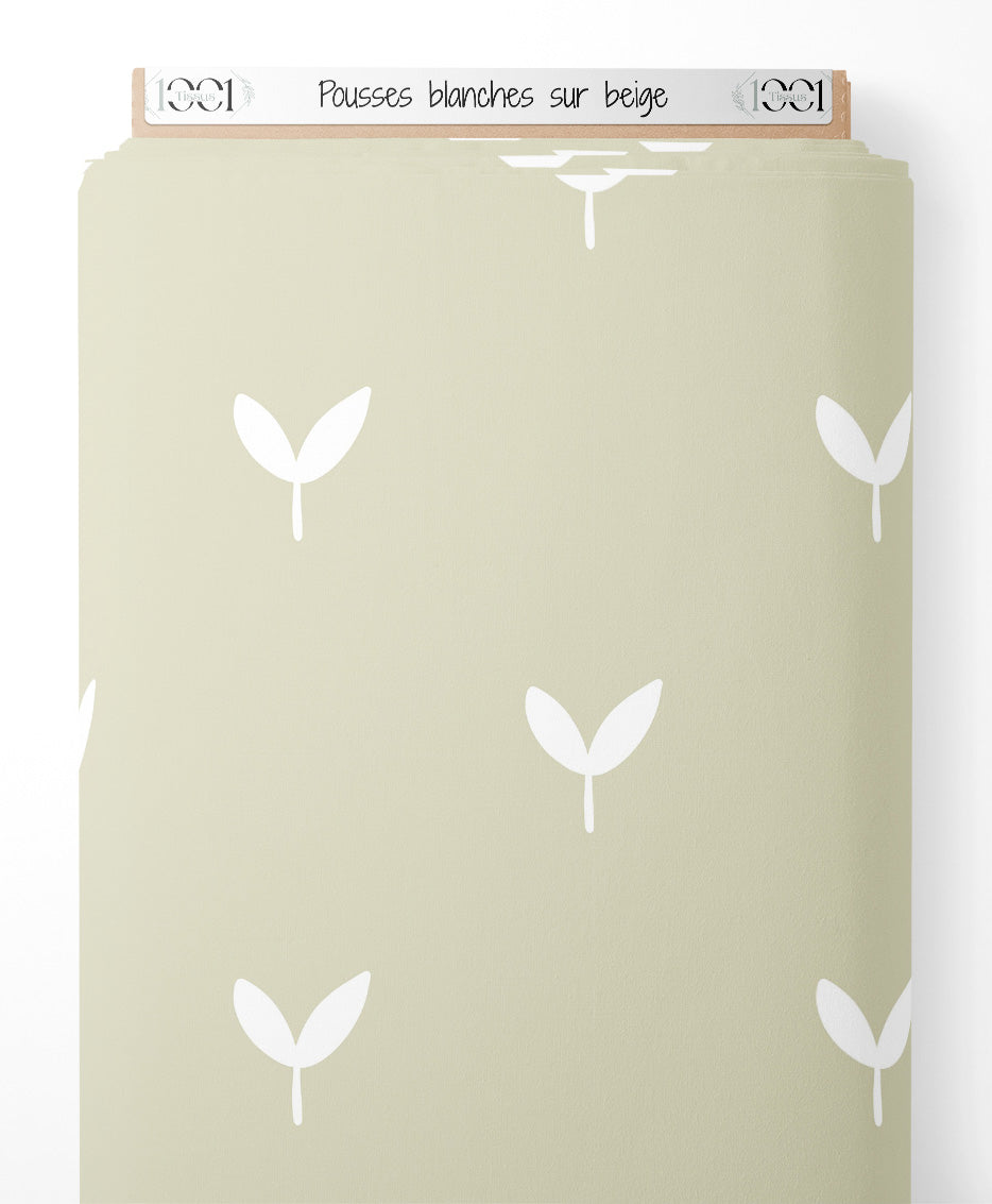 Tissu - Pousses blanches sur beige