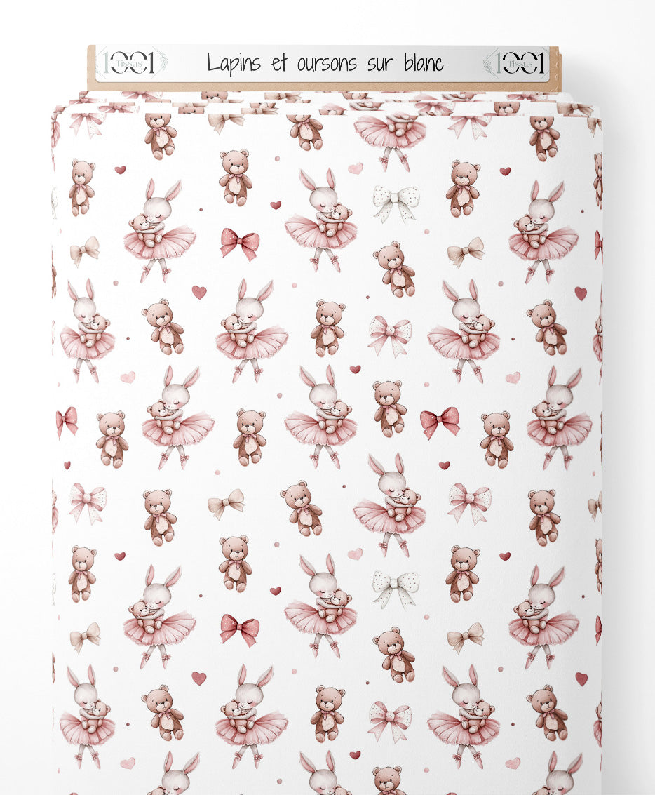 Tissu - Lapins et oursons sur blanc