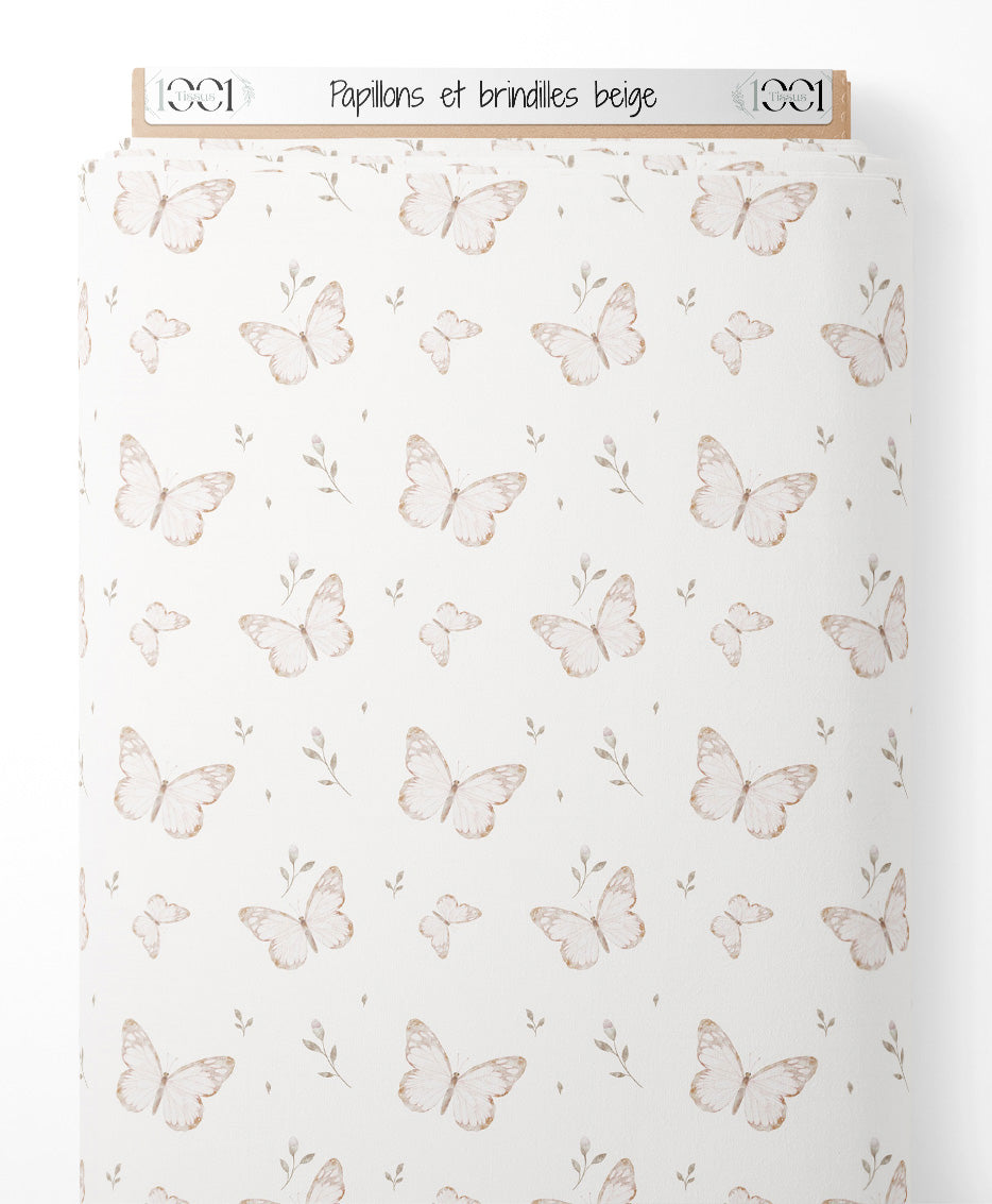 Tissu - Papillons et brindilles beige