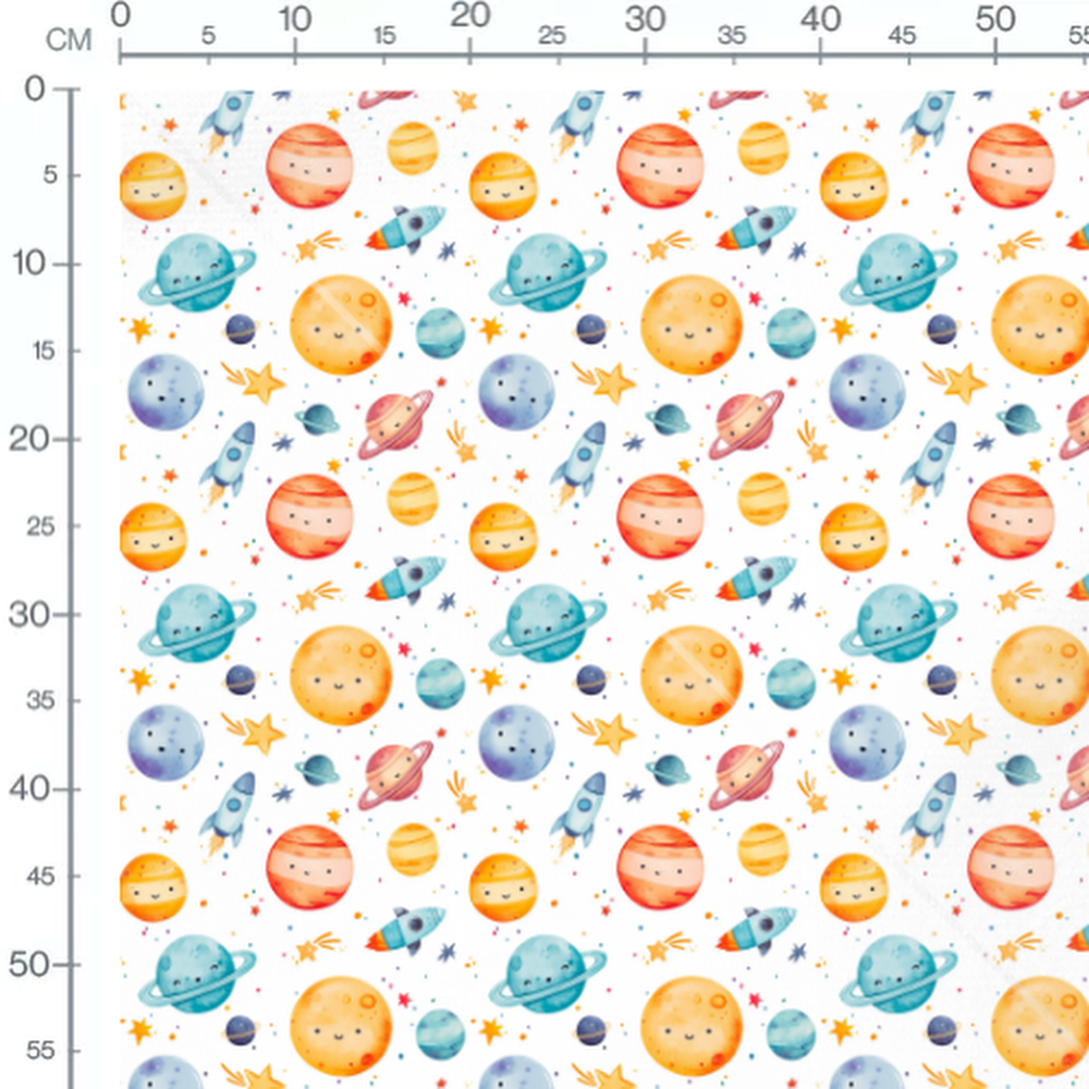 Tissu - Planètes et fusées souriantes