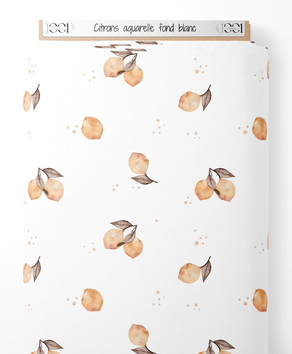 Tissu - Citrons aquarelle fond blanc