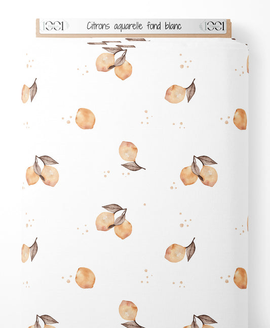 Tissu - Citrons aquarelle fond blanc