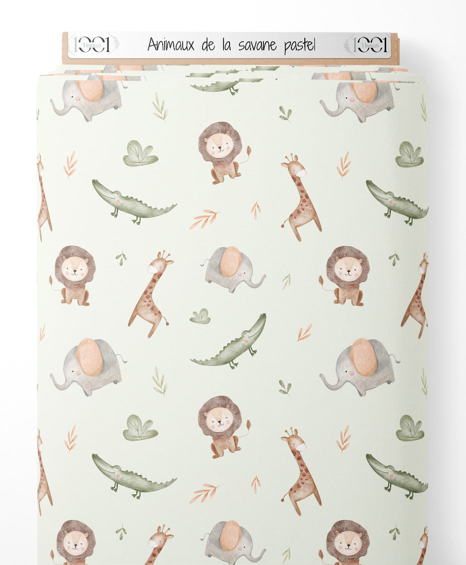 Tissu - Animaux de la savane pastel