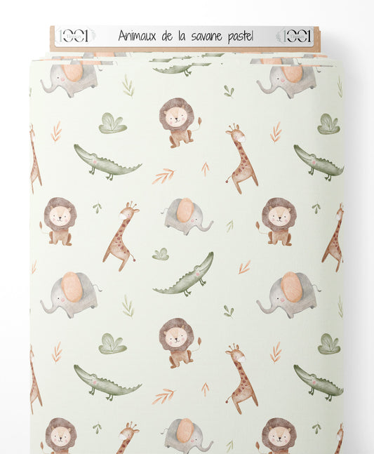 Tissu - Animaux de la savane pastel