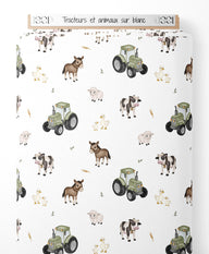 Tissu - Tracteurs et animaux sur blanc