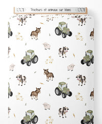 Tissu - Tracteurs et animaux sur blanc