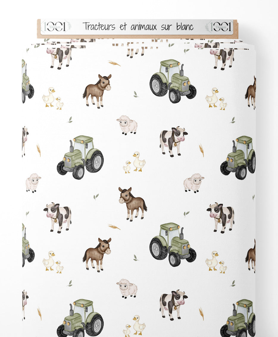 Tissu - Tracteurs et animaux sur blanc