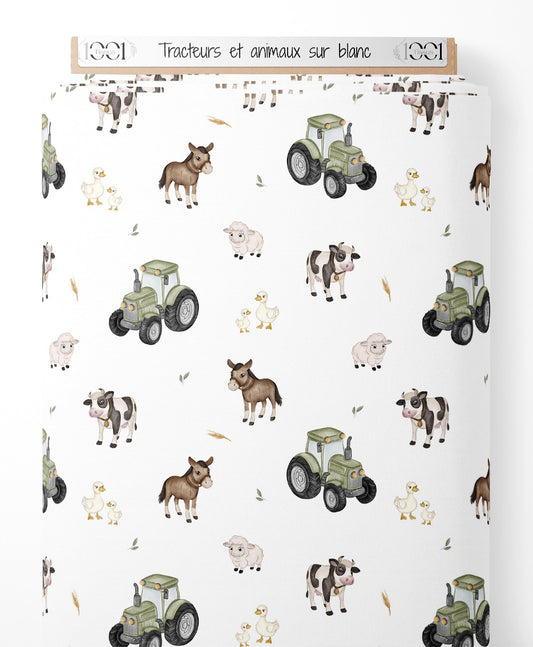Tissu - Tracteurs et animaux sur blanc