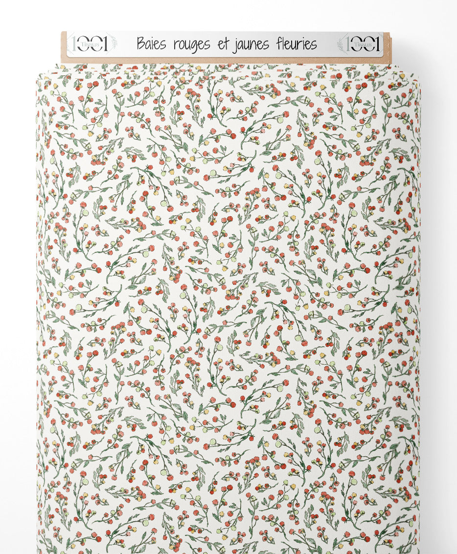 Tissu - Baies rouges et jaunes fleuries
