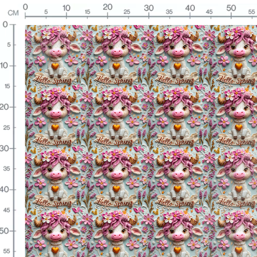 Tissu - 3D vaches printemps