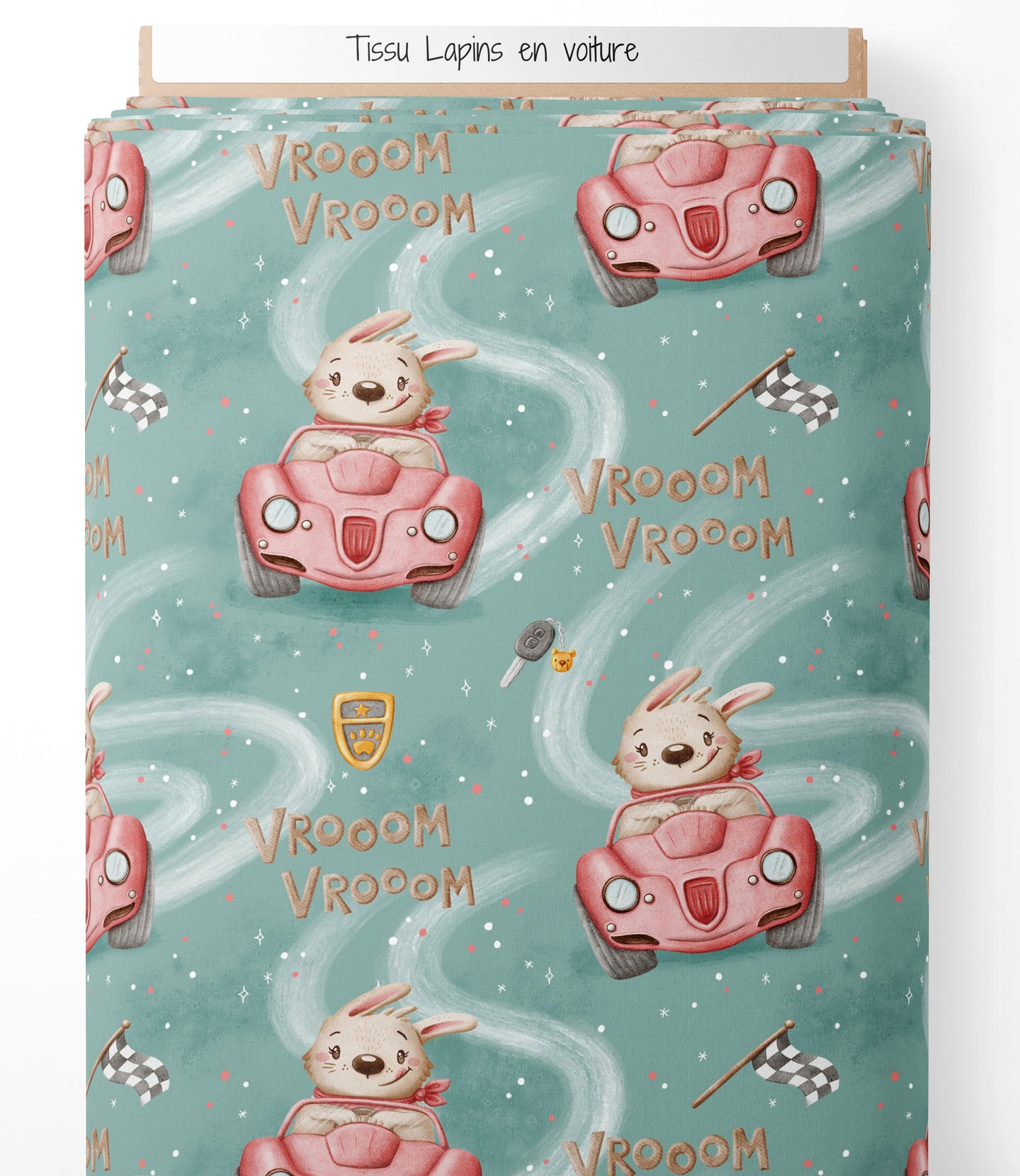 Tissu - Lapins en voiture